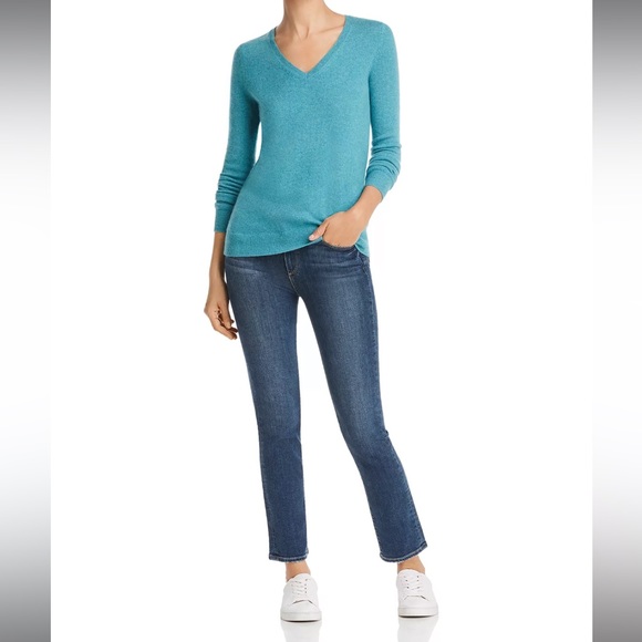 Nordstrom NWOT 100% Cashmere Blue Teal V Neck Sweater Size Large - Picture 2 of 10